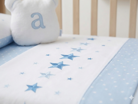 Sábanas Mini Cuna 3 Piezas 100% Algodón Estrellas Celeste y Beig