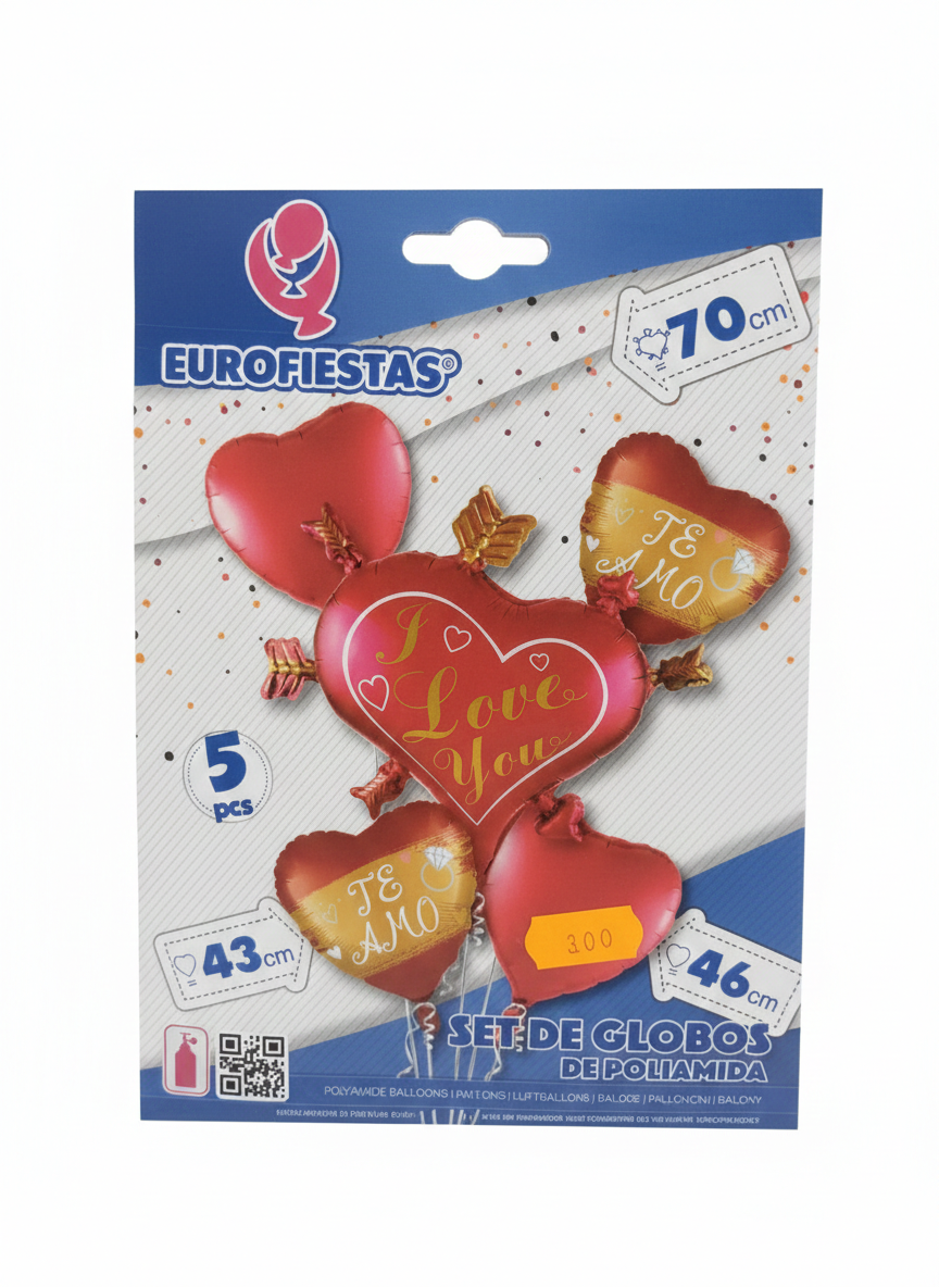 Set 5 Globos San Valentín I Love You - 1 de 70 cm + 4 de 46 cm