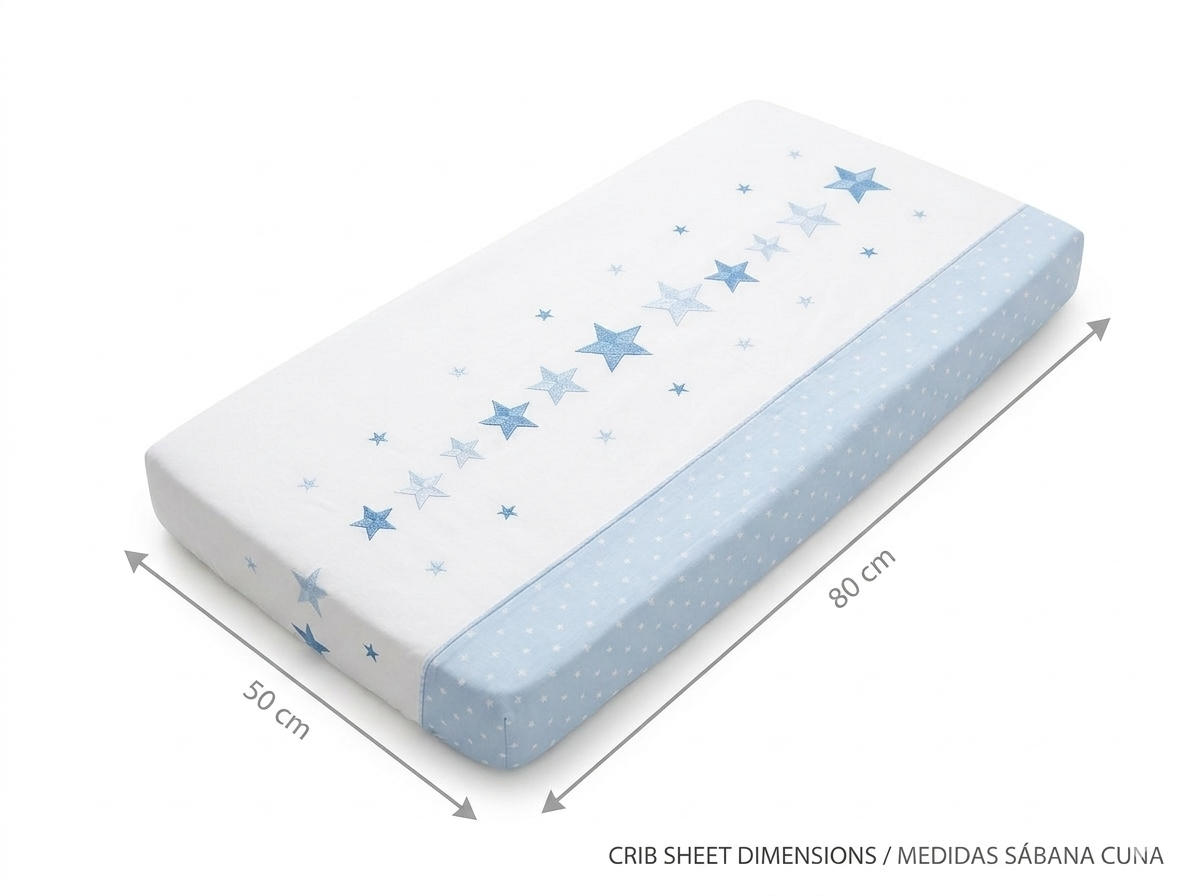 Sábanas Mini Cuna 3 Piezas 100% Algodón Estrellas Celeste y Beig