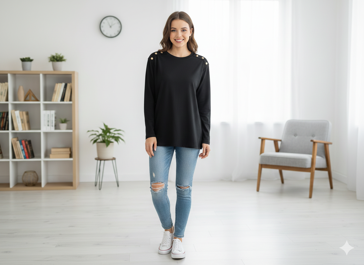 Camiseta de Punto Elegante con Botones en el Hombro