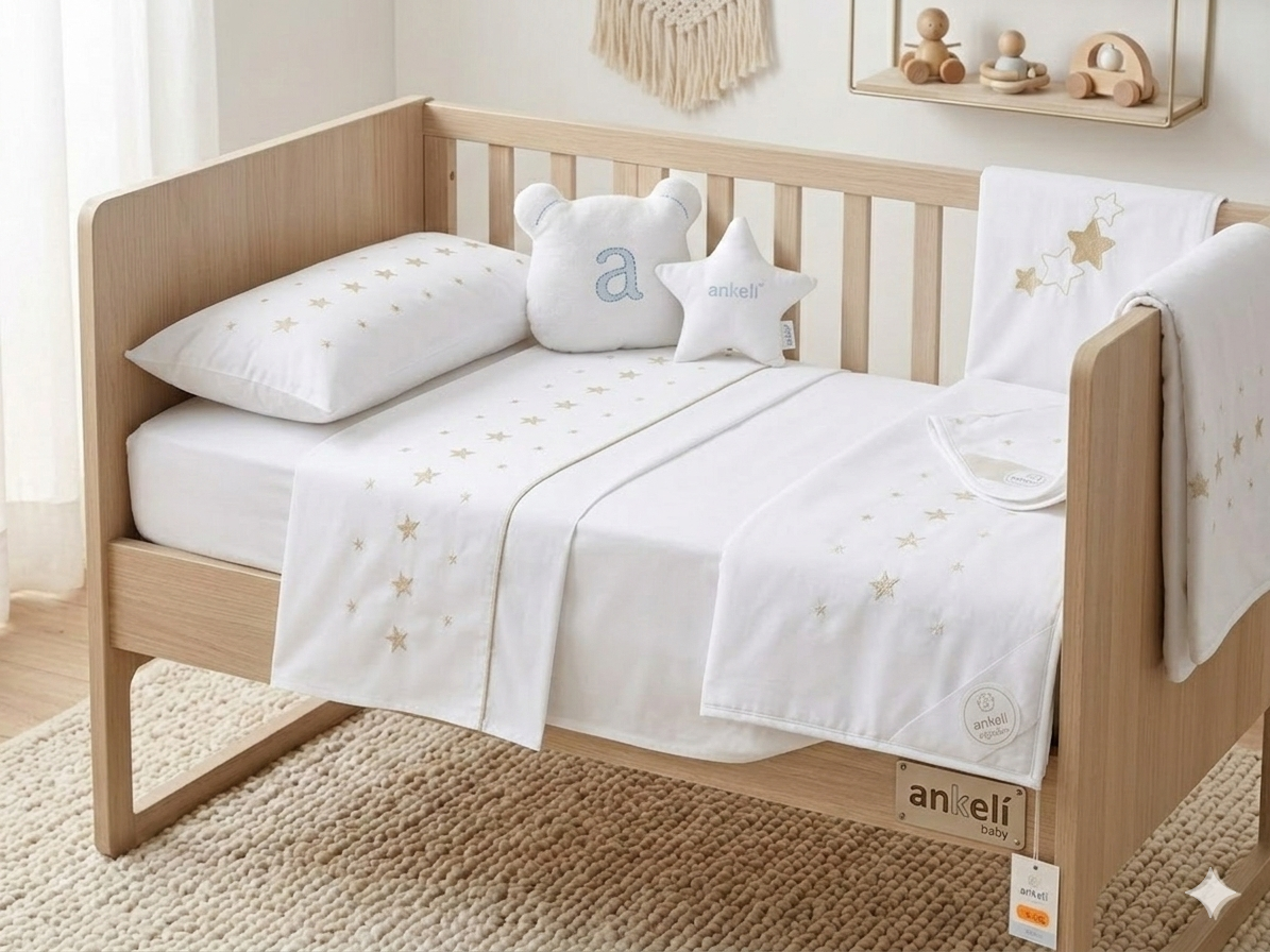 Sábanas Mini Cuna 3 Piezas 100% Algodón Estrellas Celeste y Beig