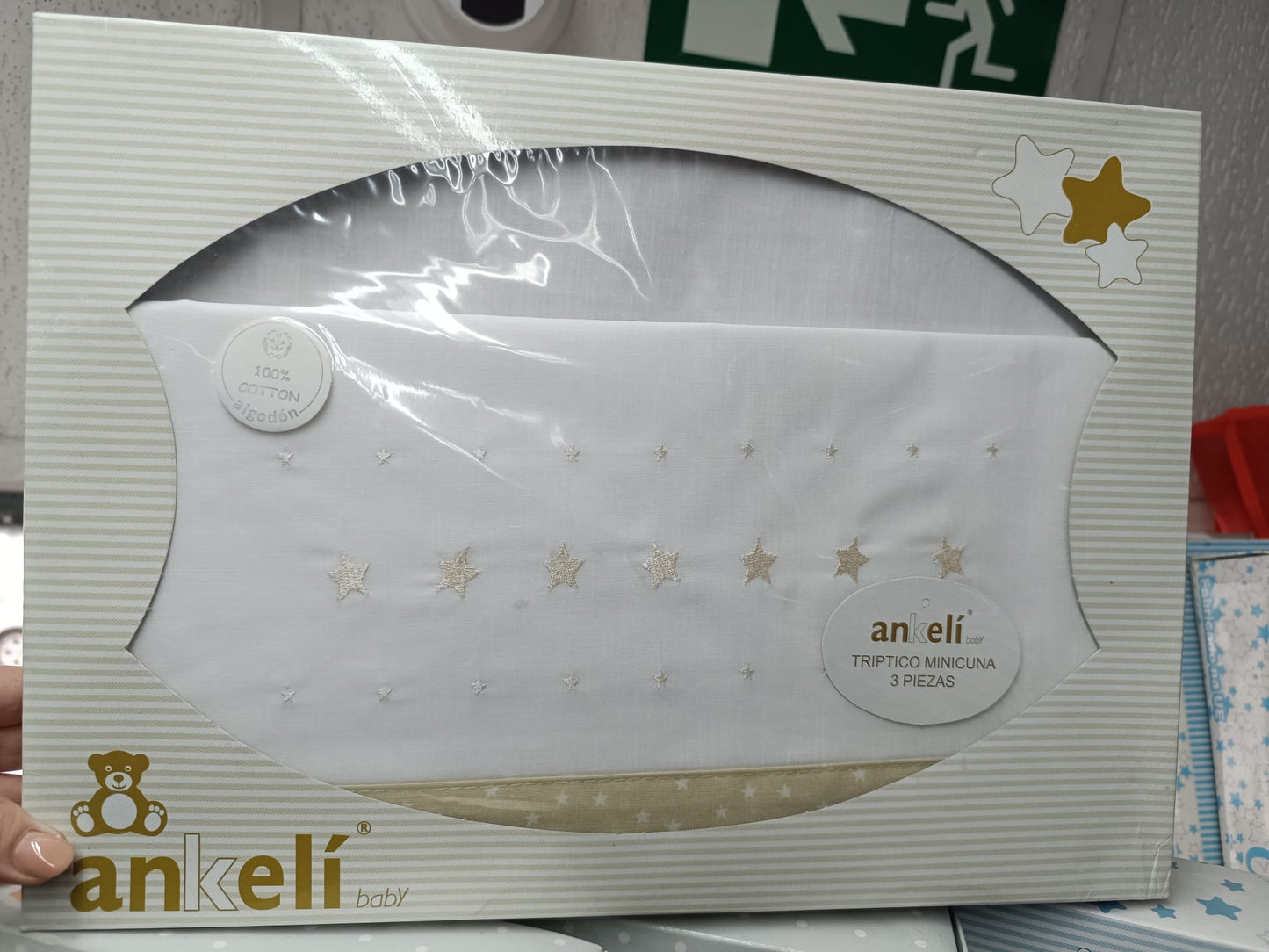 Sábanas Mini Cuna 3 Piezas 100% Algodón Estrellas Celeste y Beig
